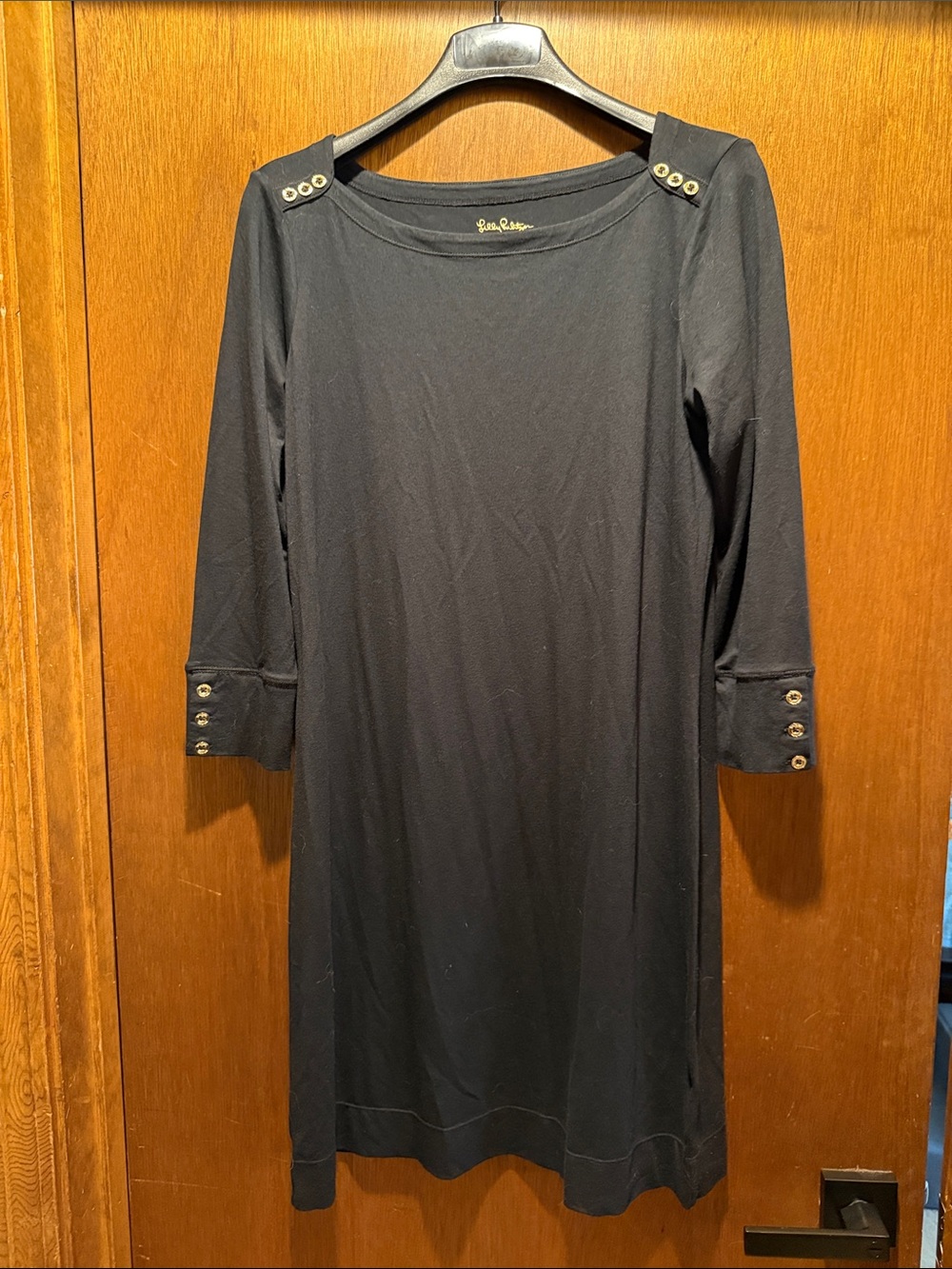 Lilly Pulitzer Black Shift Dress Gold Button Detail Size M